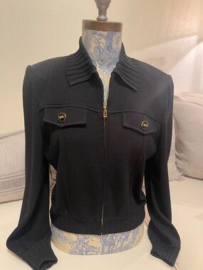 Vintage St. John Santana Knit Collection Black Knit Zip Jacket signature Buttons
